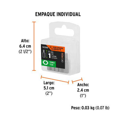 Estuche con 5 puntas torx T20 largo 1', Truper Expert | PUDE-5120 | 12200