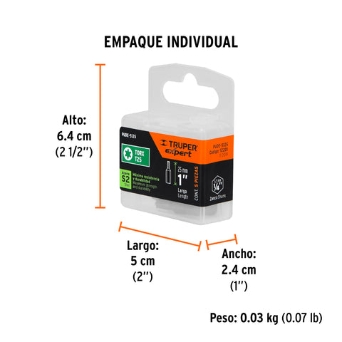 Estuche con 5 puntas torx T25 largo 1', Truper Expert | PUDE-5125 | 12201