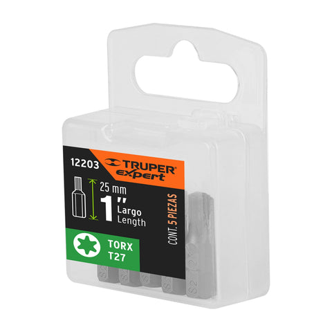 Estuche con 5 puntas torx T27 largo 1', Truper Expert | PUDE-5127 | 12203
