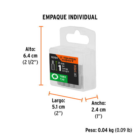 Estuche con 5 puntas torx T30 largo 1', Truper Expert | PUDE-5130 | 12204