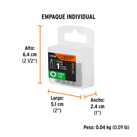 Estuche con 5 puntas torx T40 largo 1', Truper Expert | PUDE-5140 | 12206