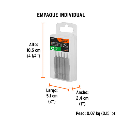 Estuche con 5 puntas torx T6 largo 2', Truper Expert | PUDE-5206 | 12207