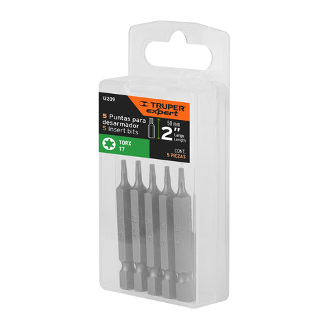 Estuche con 5 puntas torx T7 largo 2', Truper Expert | PUDE-5207 | 12209
