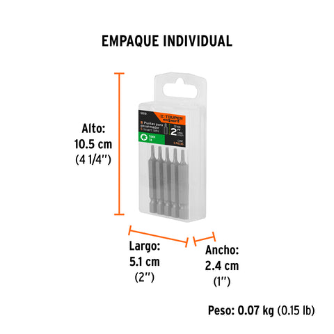 Estuche con 5 puntas torx T8 largo 2', Truper Expert | PUDE-5208 | 12210