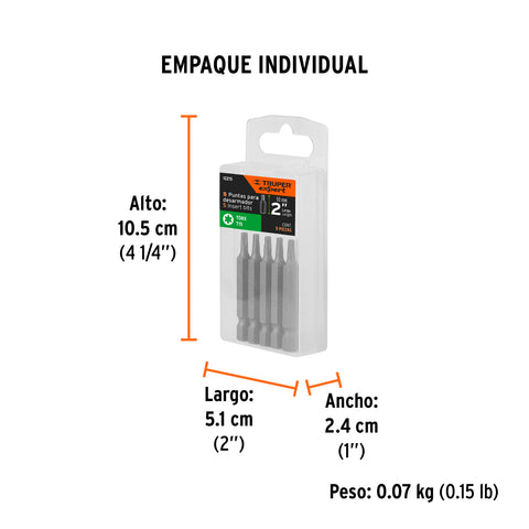 Estuche con 5 puntas torx T15 largo 2', Truper Expert | PUDE-5215 | 12215