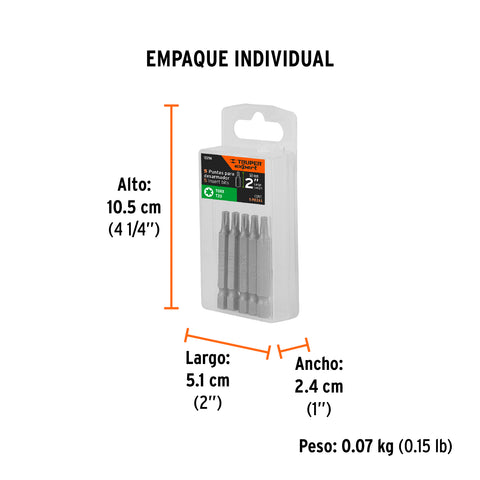 Estuche con 5 puntas torx T20 largo 2', Truper Expert | PUDE-5220 | 12216