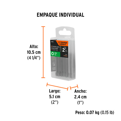 Estuche con 5 puntas torx T25 largo 2', Truper Expert | PUDE-5225 | 12256