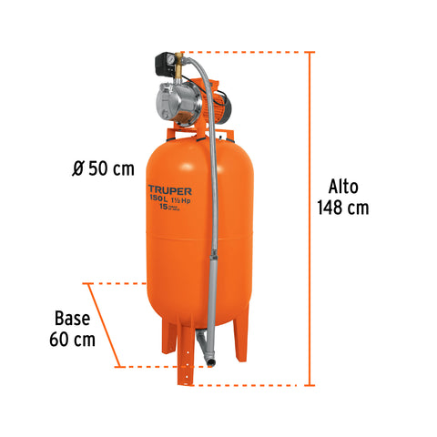 Equipo hidroneumático 150L, jet inoxidable 1-1/2 HP, TRUPER | HIDR-1-1/2X150 | 12257