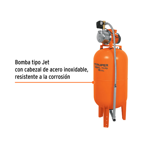 Equipo hidroneumático 150L, jet inoxidable 1-1/2 HP, TRUPER | HIDR-1-1/2X150 | 12257