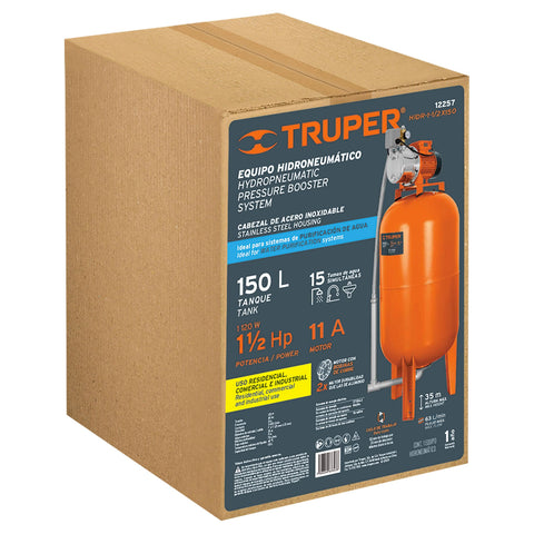 Equipo hidroneumático 150L, jet inoxidable 1-1/2 HP, TRUPER | HIDR-1-1/2X150 | 12257