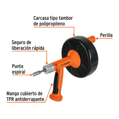 Destapacaños de 7.6 m para taladro, con mango, Truper | DECA-25X | 12280