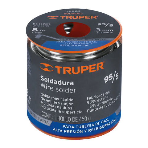Soldadura sólida 95/5 para tubería de gas, 450 g | SOL-95/5S | 12282