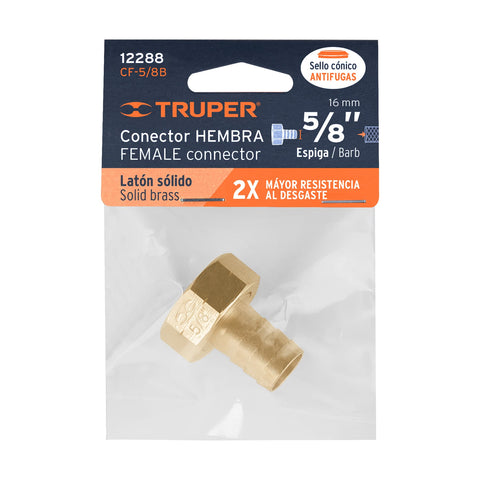 Conector 5/8' hembra de latón sólido para manguera, Truper | CF-5/8B | 12288