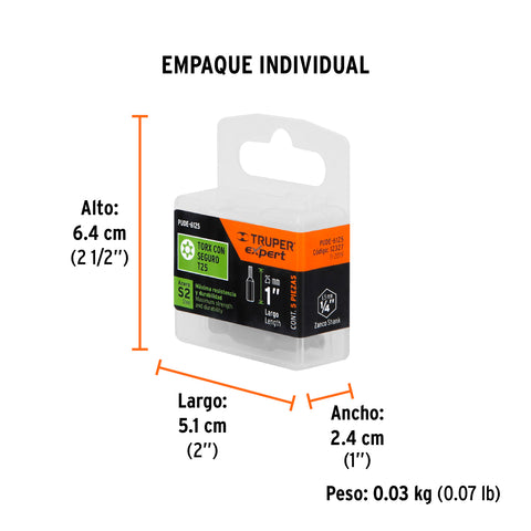 Estuche con 5 puntas torx T25 con seguro largo 1', Expert | PUDE-6125 | 12327