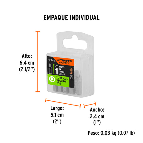 Estuche con 5 puntas torx T30 con seguro largo 1', Expert | PUDE-6130 | 12346