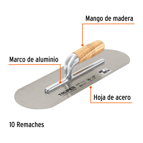 Llana canto redondo 16' x 5' con mango de madera, Truper | LLA-16 | 12398