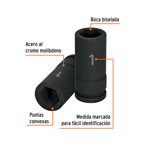 Dado largo de impacto de 1', 6 puntas, cuadro 3/4', Truper | D-7516-L | 12434