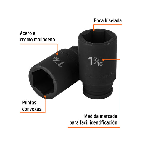 Dado largo de impacto de 1-7/16', 6 puntas, cuadro 3/4' | D-7523-L | 12441