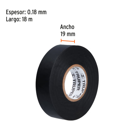Cinta de aislar de 18 m x 19 mm, negra, Truper | M-33 | 12500