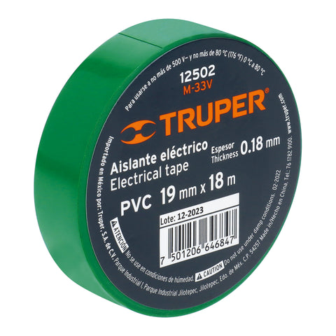Cinta de aislar de 18 m x 19 mm, verde, Truper | M-33V | 12502