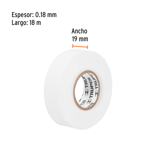 Cinta de aislar de 18 m x 19 mm, blanca, Truper | M-33B | 12506