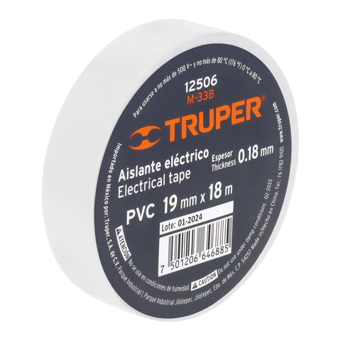 Cinta de aislar de 18 m x 19 mm, blanca, Truper | M-33B | 12506