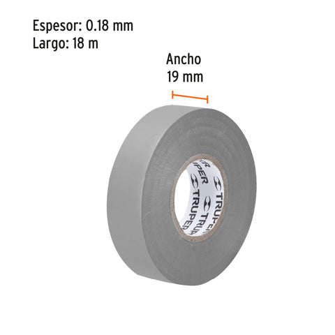 Cinta de aislar de 18 m x 19 mm, gris, Truper | M-33G | 12507