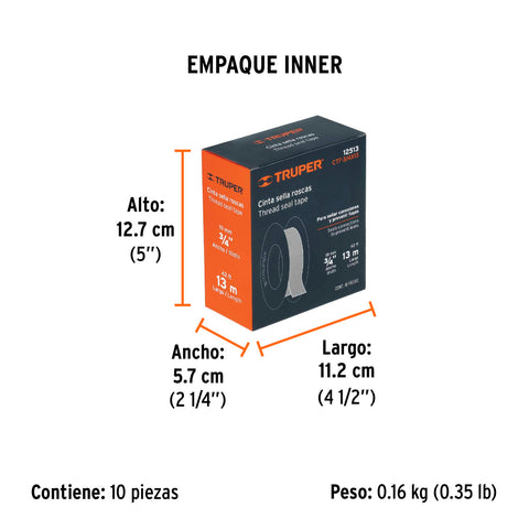 Cinta sella roscas 3/4' x 13m, uso general, TRUPER | CTF-3/4X13 | 12513
