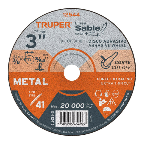 Disco Tipo 41 de 3' x 1 mm corte fino de metal, Sable | DICOF-3010 | 12544