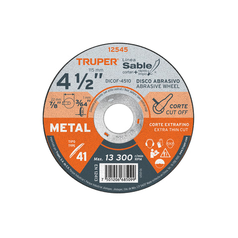 Disco Tipo 41 de 4-1/2' x 1 mm corte fino de metal, Sable | DICOF-4510 | 12545