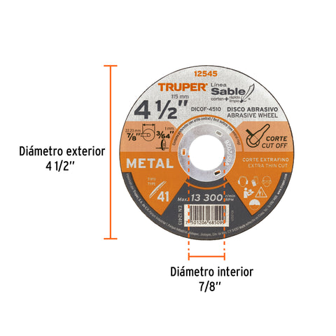 Disco Tipo 41 de 4-1/2' x 1 mm corte fino de metal, Sable | DICOF-4510 | 12545