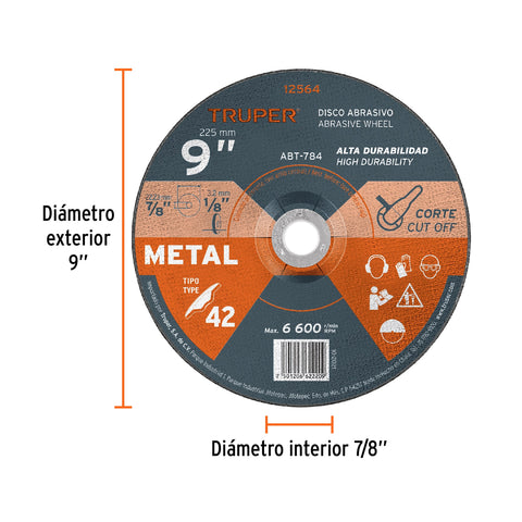Disco Tipo 42 de 9' x 3.2 mm para corte de metal, Truper | ABT-784 | 12564