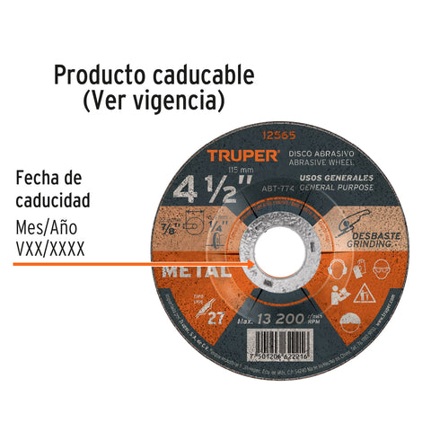 Disco Tipo 27 de 4-1/2' x 6.4 mm para desbaste de metal | ABT-774 | 12565