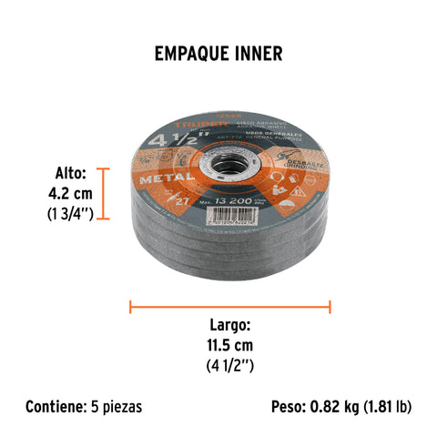Disco Tipo 27 de 4-1/2' x 6.4 mm para desbaste de metal | ABT-774 | 12565