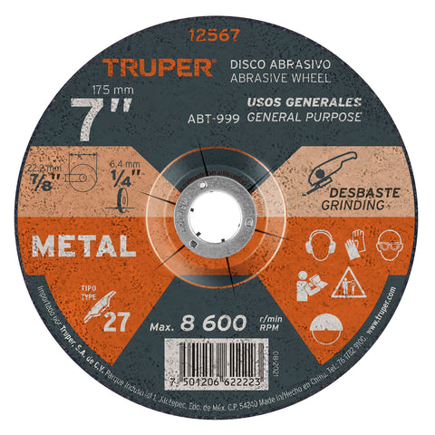 Disco Tipo 27 de 7' x 6.4 mm para desbaste de metal, Truper | ABT-999 | 12567