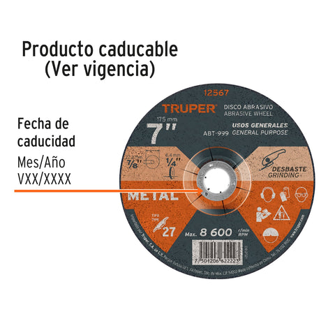 Disco Tipo 27 de 7' x 6.4 mm para desbaste de metal, Truper | ABT-999 | 12567