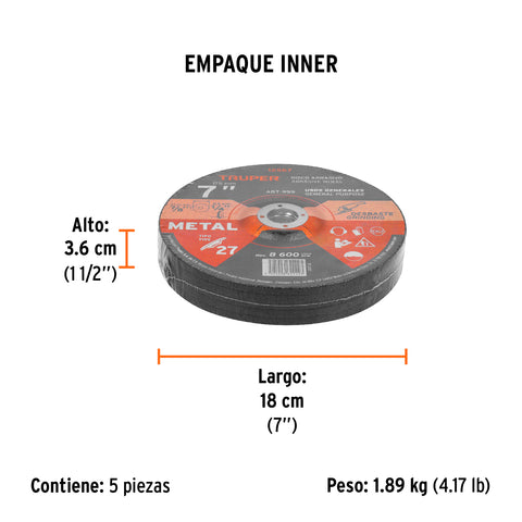 Disco Tipo 27 de 7' x 6.4 mm para desbaste de metal, Truper | ABT-999 | 12567