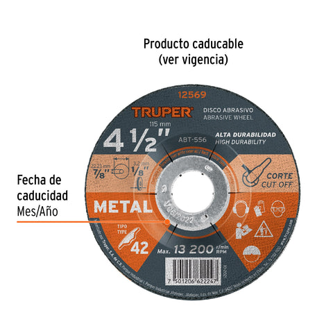 Disco Tipo 42 de 4-1/2' x 3.2 mm para corte de metal, Truper | ABT-556 | 12569