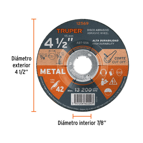 Disco Tipo 42 de 4-1/2' x 3.2 mm para corte de metal, Truper | ABT-556 | 12569