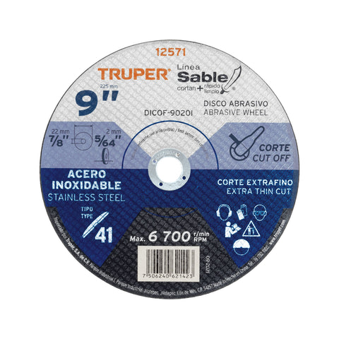Disco Tipo 41 de 9' x 2 mm corte fino acero inox, Sable | DICOF-9020I | 12571