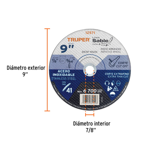 Disco Tipo 41 de 9' x 2 mm corte fino acero inox, Sable | DICOF-9020I | 12571