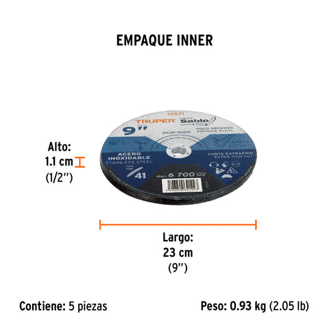 Disco Tipo 41 de 9' x 2 mm corte fino acero inox, Sable | DICOF-9020I | 12571