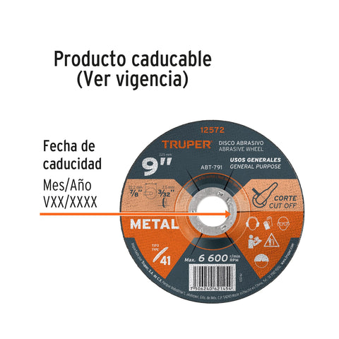 Disco de 9' para corte de metal, tipo 41, Truper | ABT-791 | 12572