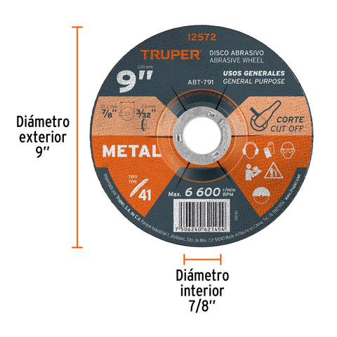 Disco de 9' para corte de metal, tipo 41, Truper | ABT-791 | 12572