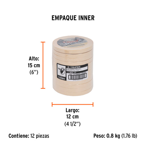 Cinta masking tape de 1/2' x 50 m, Truper | MSK-1/2 | 12589