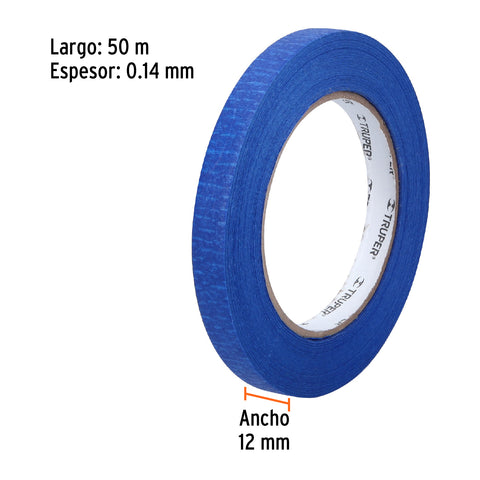 Cinta masking tape azul de 1/2' x 50 m para pintor, Truper | MSK-1/2A | 12620