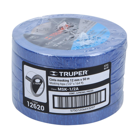 Cinta masking tape azul de 1/2' x 50 m para pintor, Truper | MSK-1/2A | 12620