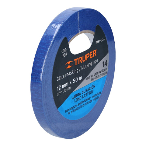 Cinta masking tape azul de 1/2' x 50 m para pintor, Truper | MSK-1/2A | 12620