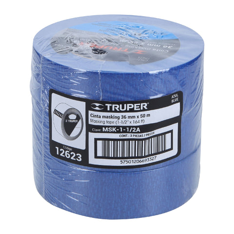 Cinta masking tape azul de 1-1/2' x 50 m para pintor, Truper | MSK-1-1/2A | 12623