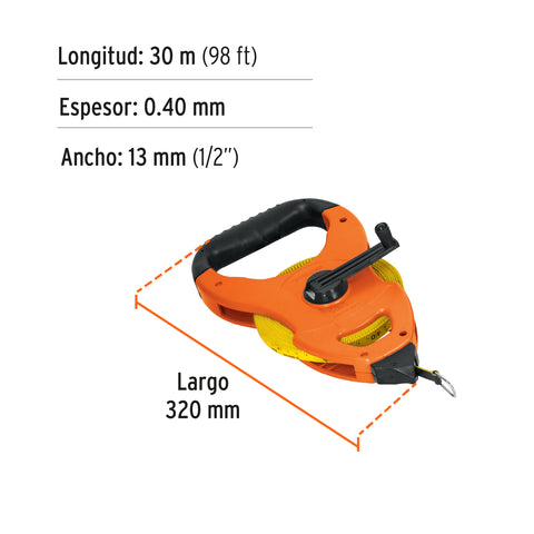 Cinta métrica larga 30m fibra de vidrio, tipo cruceta | TFC-30ME | 12646